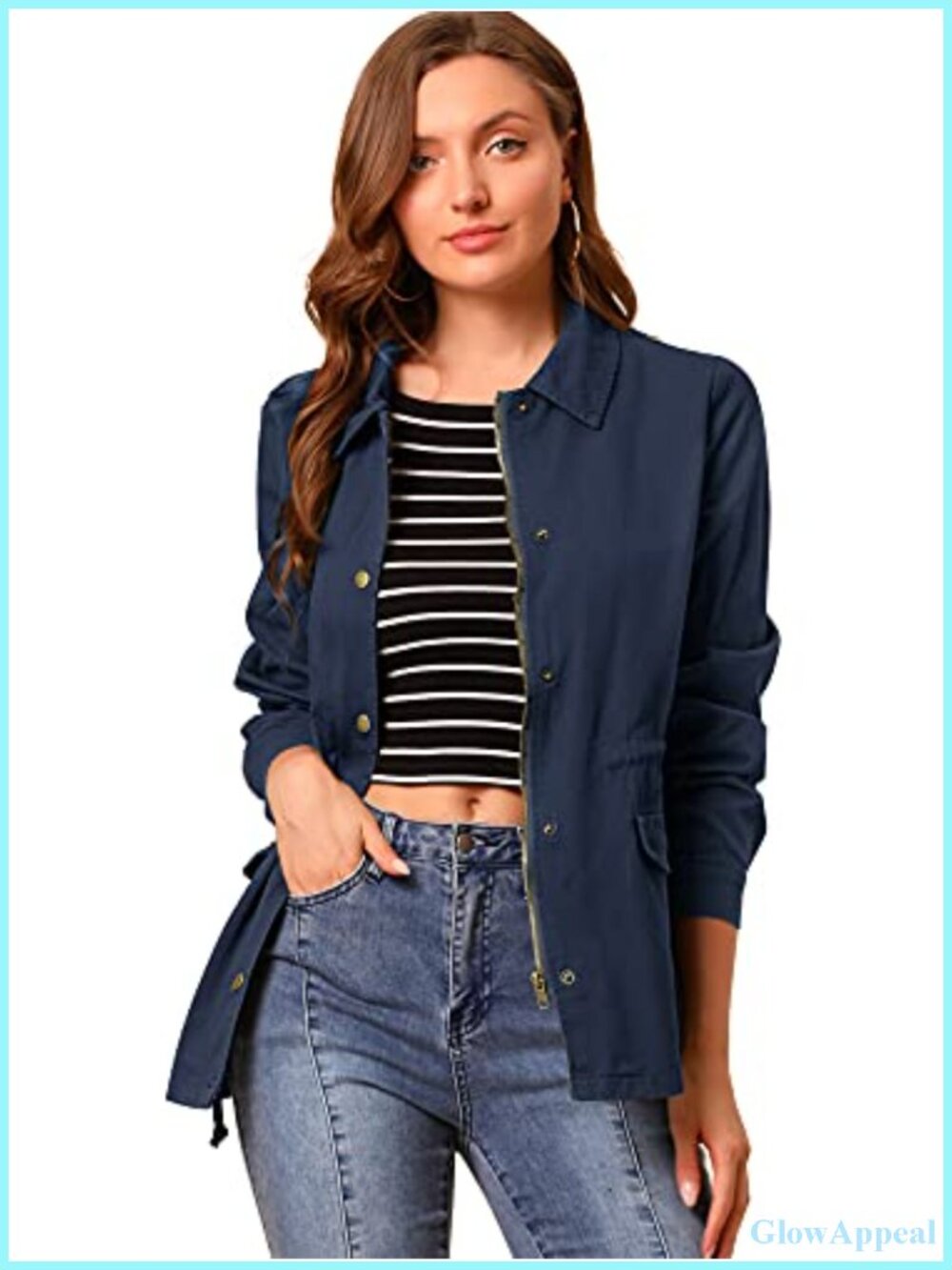 Womens Utility Jacket Zip Up Drawstring Waist Coat with Pockets